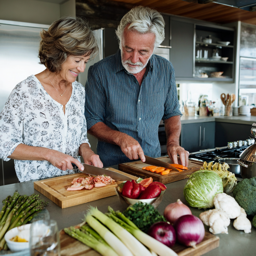 mature adults preparing healthy meals together in modern kitchen